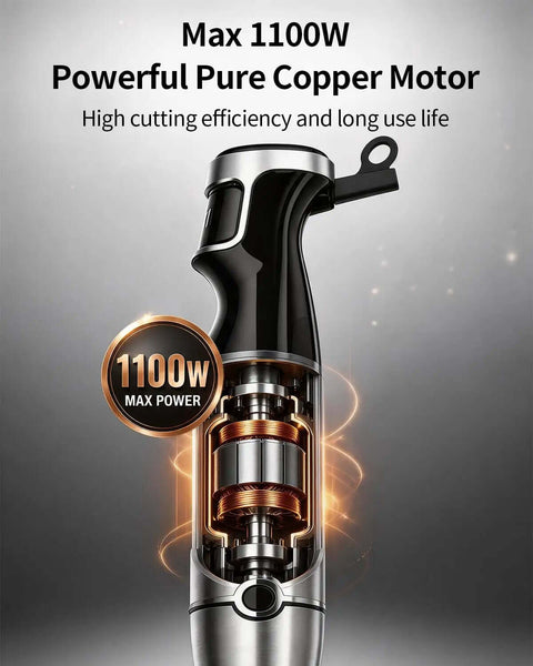 No Fuss Killer Handheld Immersion Blender With Pure Copper Motor and Variable Speed Controls showing 1100W motor detail.