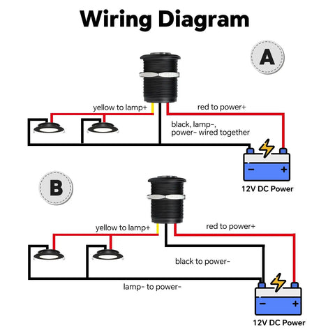 Wiring diagram for Built Tough 12 Volt Light Dimmer PWM Switch For RV And Boat showing connections for halogen and LED lights.