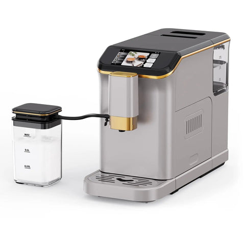 Fully Automatic Espresso Coffee Machine With 20 Bar Pump And 15 Adjustable Grind Settings Featuring A Built In Milk Frother Tft Touchscreen, compact design, stylish silver finish.