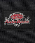Close-up of Auto Boss Cable Bag For Jumper Cables And Cords logo on black 600 denier ripstop water resistant fabric, car accessory organizer