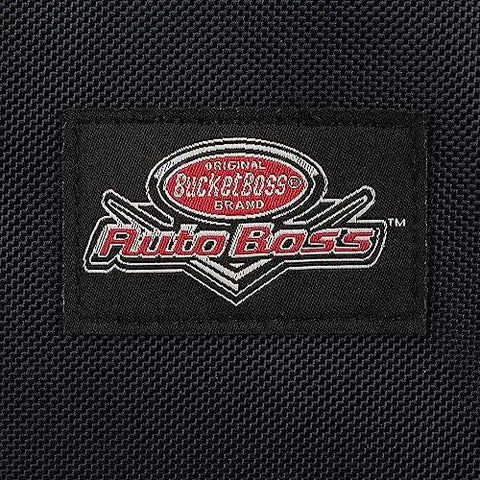 Close-up of Auto Boss Cable Bag For Jumper Cables And Cords logo on black 600 denier ripstop water resistant fabric, car accessory organizer