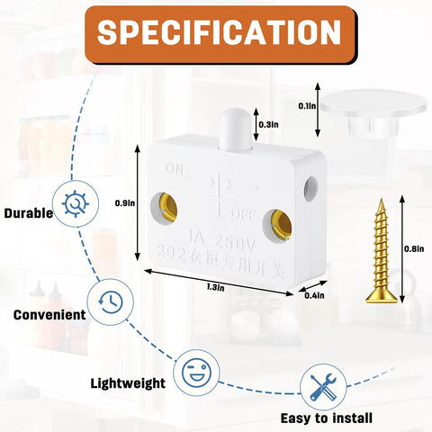 Specifications of Cabinet Door Switch For Closet Lighting showing dimensions, white finish, includes screws and caps.