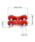 Heavy Duty 3/8 Inch Twin Clevis Safety Chain Repair Links 4 Pack Trailer Tie Down Hardware with dimensions and steel connectors.