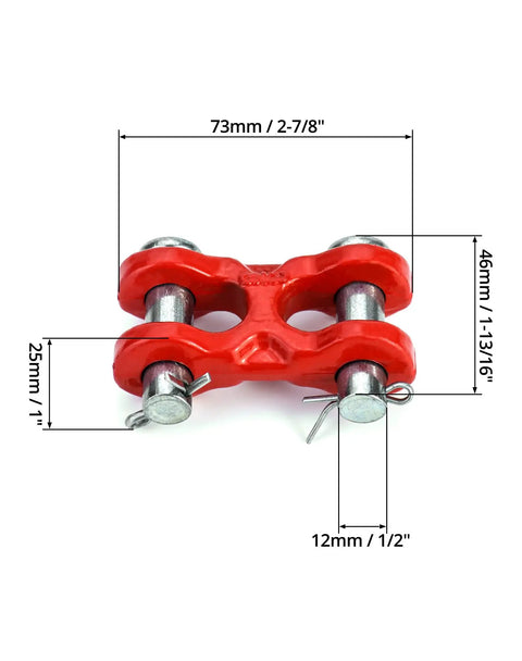 Heavy Duty 3/8 Inch Twin Clevis Safety Chain Repair Links 4 Pack Trailer Tie Down Hardware with dimensions and steel connectors.