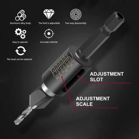 Kickass Heavy Duty 4 Piece Countersink Drill Bits Set featuring adjustable depth stop and precision scale for accurate woodworking.