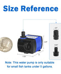 Small Submersible Fountain Pump For Aquariums And Outdoor Fountains, 80 GPH Adjustable Flow next to coin for size reference