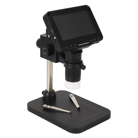 Pro Grade Digital Welding Microscope With 4.3 Inch IPS Screen, 16MP Sensor, 1080P Clarity, 1600X Magnification For Ultra Clear Enlarged Viewing, HD Multimedia Interface, Perfect For Metal Work, Electronics, And Precision Inspection. Black bench-top digital microscope with 4.3-inch screen and base stand.