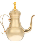 Golden Stainless Steel Turkish Coffee Pot Cezve Style For Rich Stovetop Brews At Home Pro-Grade Barista Finish With Even Heat Distribution And Easy Pour Spout 1 Count, front view showing handle, spout.