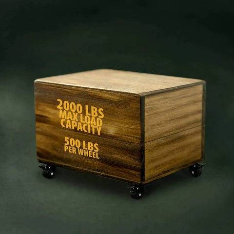 Badass Heavy Duty Polyurethane Caster Wheels With Total Locking Brake Double Ball Bearing Industrial Grade Solid Low Profile Butter Smooth Silent Roll Two Thousand Pound Capacity Pack Of Four on wooden box displaying load capacity.