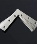 Heavy Duty Stainless Steel L Shaped Corner Brackets, Rock Solid 90 Degree Furniture Repair Plates in multiple angles, showing predrilled holes.