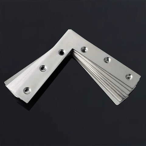Heavy Duty Stainless Steel L Shaped Corner Brackets, Rock Solid 90 Degree Furniture Repair Plates in multiple angles, showing predrilled holes.