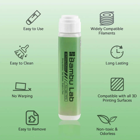 Rock Solid 60ML 3D Printer Adhesive Glue bottle with key features for strong bed adhesion, compatible with Bambu Lab A1, A1 Mini, P1, X1.