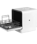 Slick Countertop Dishwasher With 6 Liter Built In Water Tank And Zero Hookup Required perfect for renters showing open door and dish rack.