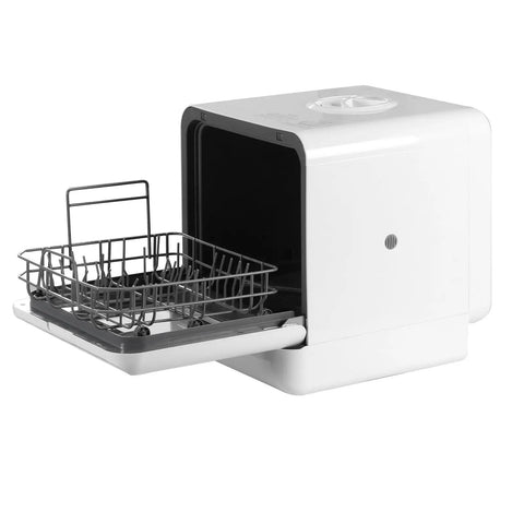 Slick Countertop Dishwasher With 6 Liter Built In Water Tank And Zero Hookup Required perfect for renters showing open door and dish rack.