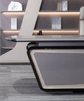Sleek detail of Spacious Executive Computer Desk Crafted From Legit Solid Wood With Sleek Lacquer Finish Adjustable Standing Workstation.