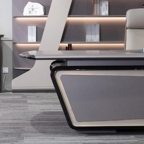 Sleek detail of Spacious Executive Computer Desk Crafted From Legit Solid Wood With Sleek Lacquer Finish Adjustable Standing Workstation.