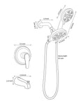 Diagram of Brushed Gold All In One Dual Shower System With Tub Spout And Trim Kit, Handheld Shower and hose dimensions