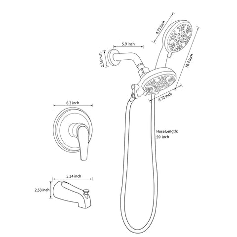 Diagram of Brushed Gold All-In-One Dual Shower Faucet Set With Tub Spout And Trim Kit, Handheld and Fixed Shower Heads dimensions