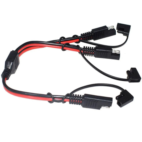 14 AWG SAE DC Power Automotive Connector Cable Y Splitter 1 To 2 SAE Extension Cable For Solar Battery Connection And Transfer 12 Inch 30 Cm With Protective Cover Versatile All Purpose Use, red black wires with dust covers