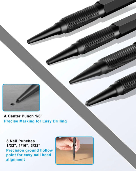 4-Piece Nail Punch And Center Punch Set With Hardened Cr-V Steel And Non-Slip Knurled Grips shown in detail with marking examples