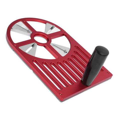 Adjustable Aluminum Alloy Trimming Machine Workbench Base Plate for Routers 65mm to 132mm with easy carry handle in red.