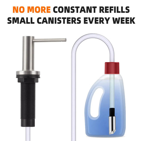 47 Inch Under Counter Sink Soap Dispenser Extension Tube Kit With Upgraded Metal Check Valve For Kitchen Sink Use Concentrated Dish Detergent And Say Goodbye To Frequent Refills No Mess shown with dispenser and large soap bottle