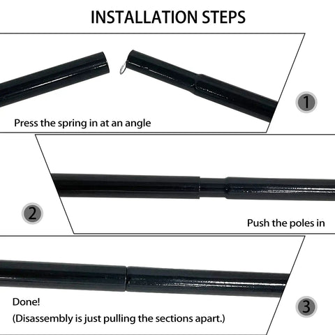 Heavy Duty Steel Tent Pole Replacement Set With 75 Inch Adjustable Rods, 0.6 Inch Diameter, 2 Pack, installation steps view