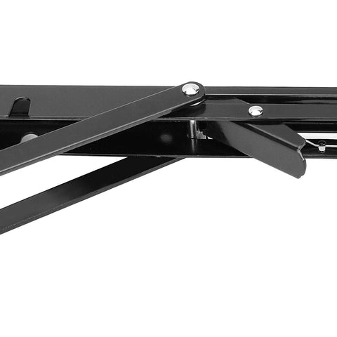 Four-pack of 14-inch black metal folding shelf brackets with locking hinges for wall-mounted workbenches