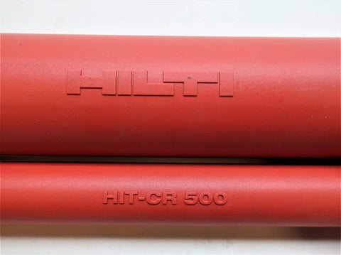 Close-up of Red Adhesive Cartridge Holder HIT-CR-500 showing logos, designed for HDM Manual Dispenser with secure heavy-duty clip.
