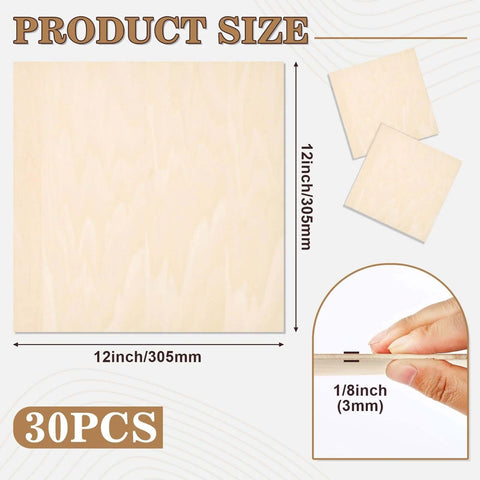 MITINU 30-pack basswood sheets, 12x12 in, 1/8 in (3 mm) thick, unfinished smooth boards for laser cutting front view