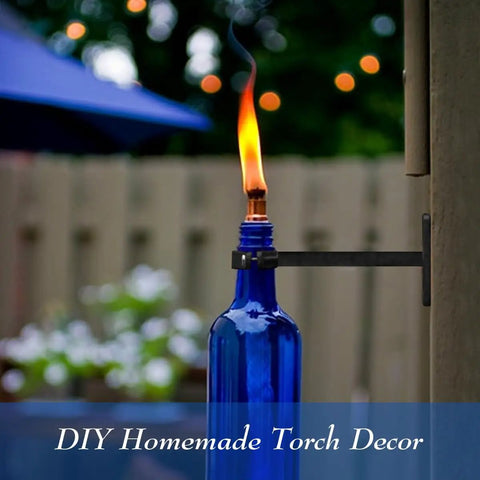 Wine Bottle Torch Kit For Outdoor Patio Lighting Wall Mount Holder With Wick Whiskey Bottle Torches Hardware Kit DIY Porch Decor Black Finish Easy Mount Refillable Flame Accent For Cozy Evenings installed on fence