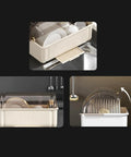 Sleek White Plate Drying Rack And Smart Kitchen Organizer Built With Hella Sturdy Pp Pet Material Offering Massive Counter Storage That Acts As A True Lifestyle Game Changer displaying dishes in a sink-side position.
