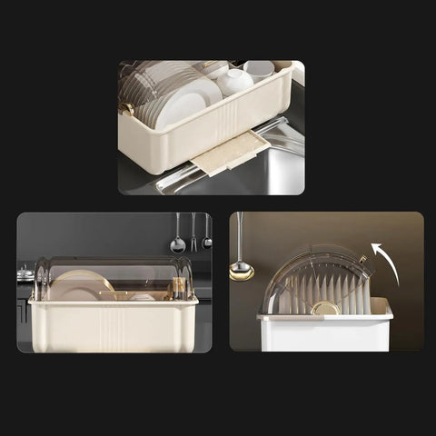 Sleek White Plate Drying Rack And Smart Kitchen Organizer Built With Hella Sturdy Pp Pet Material Offering Massive Counter Storage That Acts As A True Lifestyle Game Changer displaying dishes in a sink-side position.