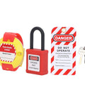 Self Adhesive Electric Panel Lockout Kit With A 13 Hole Strap And Two Clips For Safe Maintenance Lockout showing lock, tag, keys.