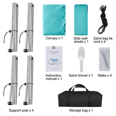 Beach Shade Canopy Tent With Sidewalls 10 by 10 Feet 6.6 Feet Tall UPF 50 Plus Sun Shelter kit items displayed