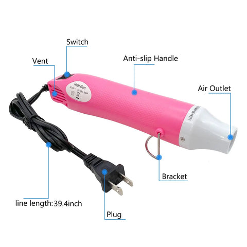 Mini Hot Air Gun Handy For DIY Crafts Portable Heat Gun Tool For Embossing Shrink Wrapping Drying Paint And More Lightweight Nozzle Design For Quick Home Projects Easy To Use For Craft Lovers showing details like anti-slip handle and switch with 39.4-inch cord