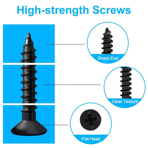 High-strength screws with sharp end and flat head, included in Heavy Duty L Bracket Corner Brace 40 Piece Set Includes 80 Screws.