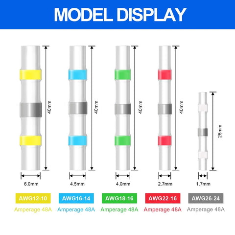 Model display of Heavy Duty Solder Seal Wire Connectors Heat Shrink Butt Sleeve with sizes AWG12-10 to AWG26-24 on clear background.