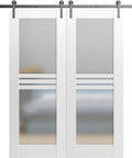 Modern Double Barn Door Set With 4 Lite Panels And 13 Ft Silver Rail Track Includes 2 Solid Interior Slabs And Full Sliding Hardware Kit For An Easy Install