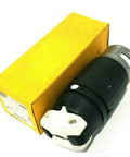 CS8265C AC Twist Lock Plug 50 Amp 250 Volt Male Canada Standard Black Nylon With Rynite Interior next to yellow box