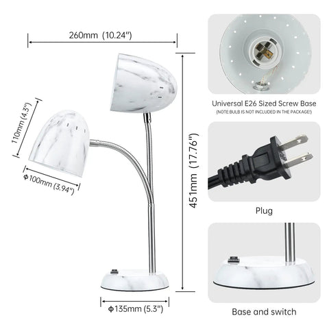 Sleek Marble Desk Lamp With Flexible Gooseneck Neck E26 LED Compatible Metal Build And Soft Glare Free Reading Light That Hits Different dimensions and features displayed.