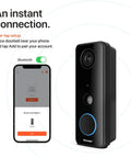 Smartphone showing app setup with Upgraded 1080P Video Doorbell With Chime Wireless Battery Or Wired Power IP66 Weatherproof Two Way Audio Motion Alerts No Monthly Fees Alexa Compatible Easy One Tap Setup nearby.