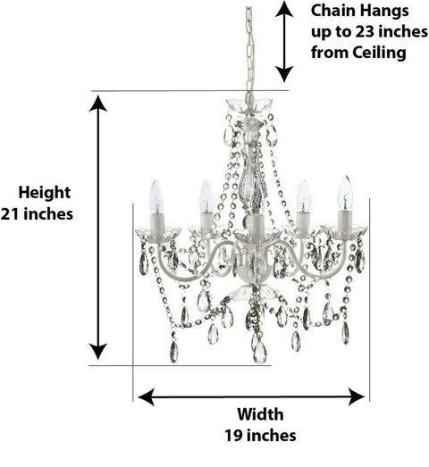 Original Brink House 5 Light Crystal White Chandelier, hardwired flush mount ceiling light, dimensions shown.