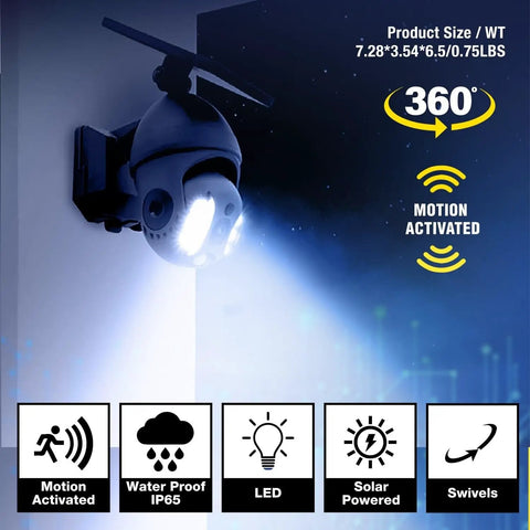 Extreme 360 Solar Outdoor Light With Motion Sensor Weatherproof Wireless LED Flood Light mounted on a wall, illuminated at night.