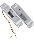 Heavy Duty Stainless Steel Electric Drop Bolt Lock With Adjustable Zero To Six Second Delay For Daily Entry Doors, silver housing with wires.