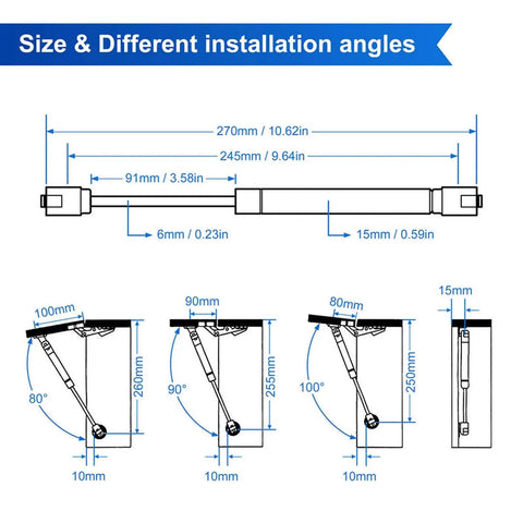 Diagram showing Two Pack 270mm Gas Spring Door Hinge For Cabinets And Wardrobes, with sizes and installation angles.