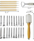 Must Have 20 Piece Leather Stamping Tool Kit For DIY Leather Crafting And Saddle Making, Includes Carving Hammer, Rotating Knife, Tracing Pens, And 20 Leather Stamps For Precise Carving, Patterns, And Custom Stamping, shown with measurements.