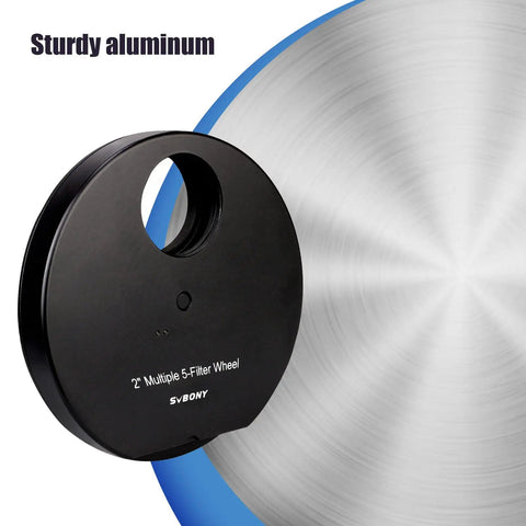 Five Position Telescope Filter Wheel For 2 Inch Eyepieces With Adapter shown with aluminum material.