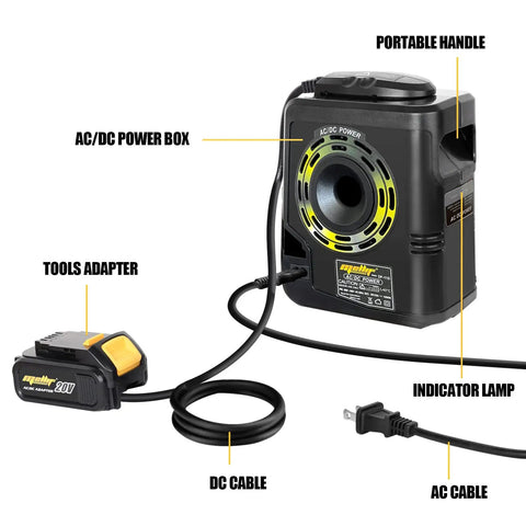 20V Corded Power Adapter For Dewalt 20V Max Tools And Batteries AC Wall Charger Replacement showing AC/DC power box and cables
