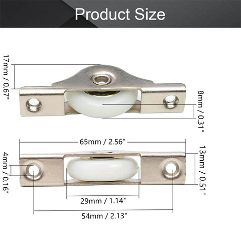 Front and side view of 5 Pack White Screen Door Rollers With 29mm Diameter Nylon Wheel And Stainless Steel Shell Electroplating Finish